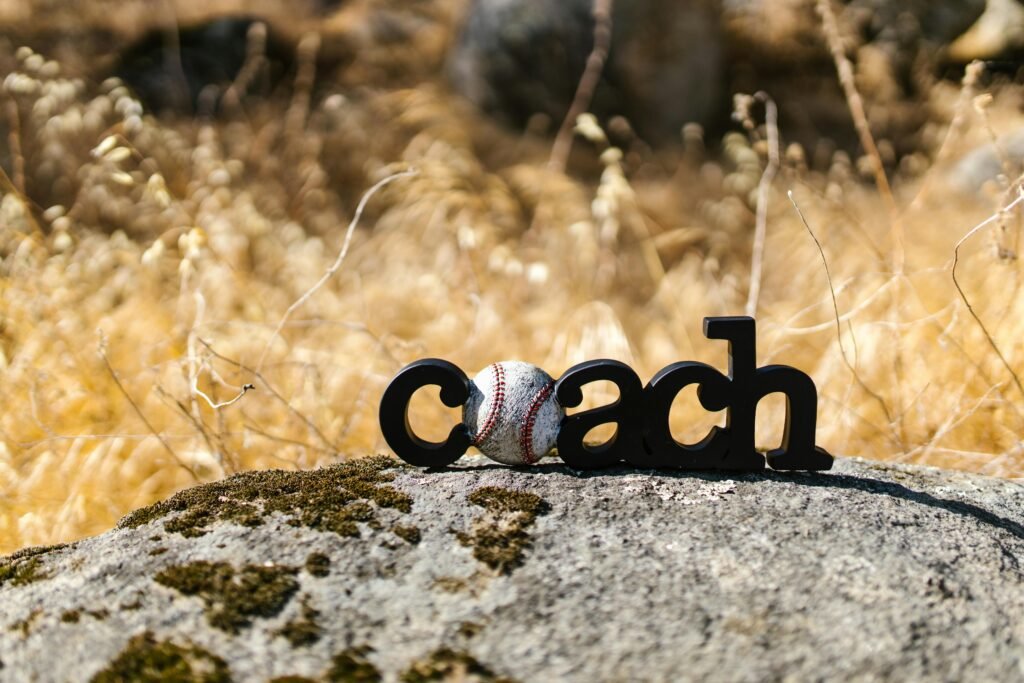 Creative display of a baseball with the word 'coach' on a rustic rock outdoors.